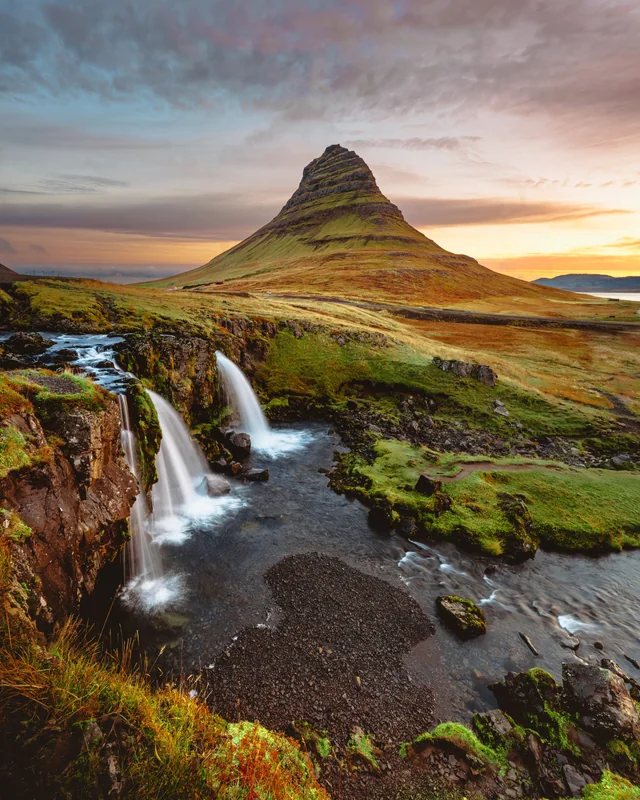 Kirkjufell at dusk, with the falls in the foreground